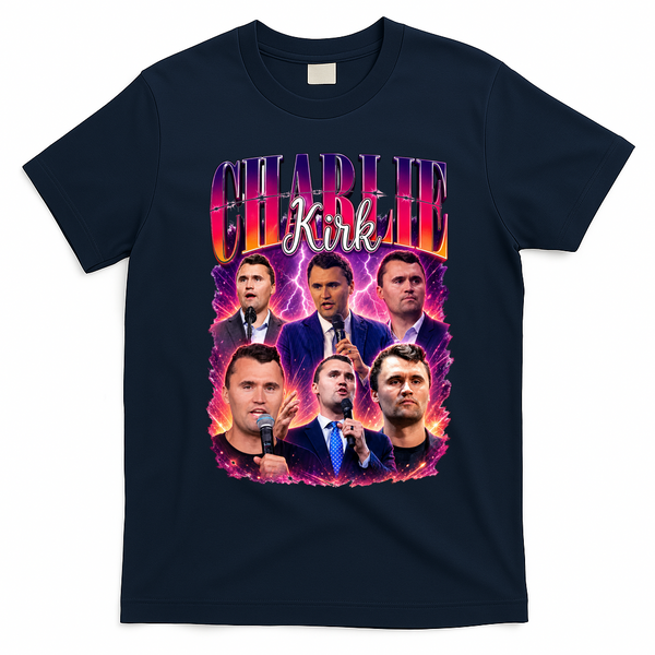 Charlie Kirk Face Justice Memorial  T-Shirt - Navy Blue