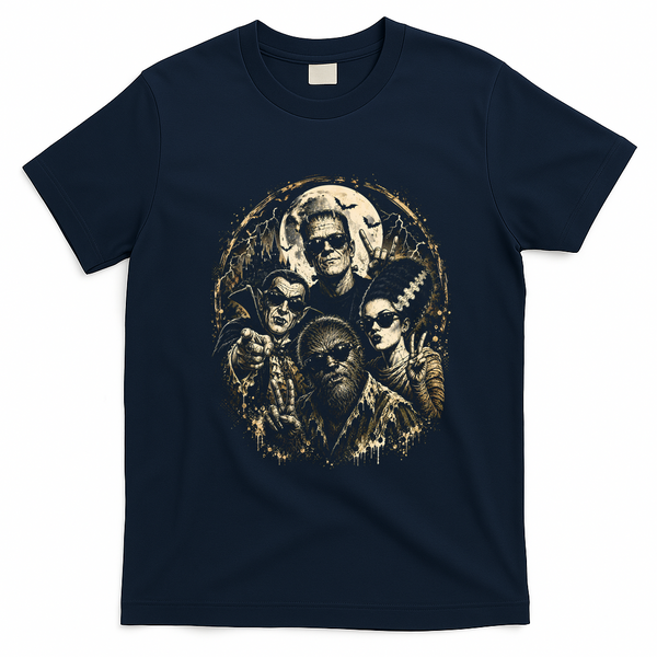 Classic Monsters in Sunglasses Halloween Party Vibes T-Shirt - Navy Blue