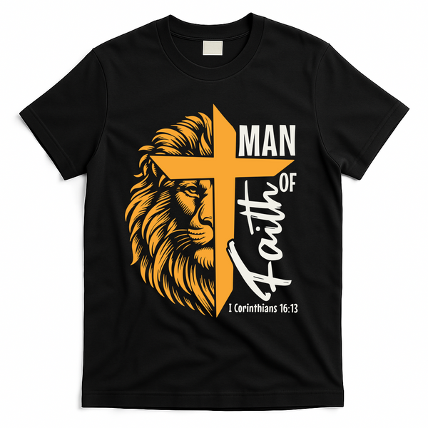 Christian Man Of God I Corinthians 16:13 Lion Cross T-Shirt - Black