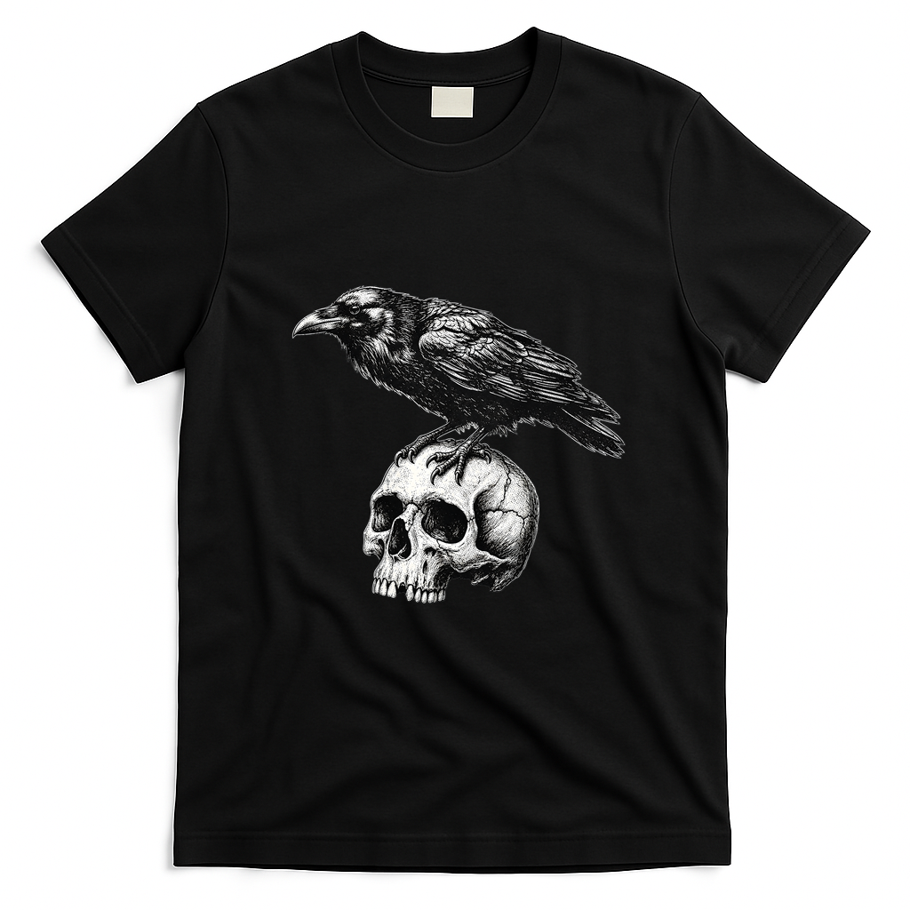 Crow On Skull Vintage Halloween Skeleton T-Shirt - Black