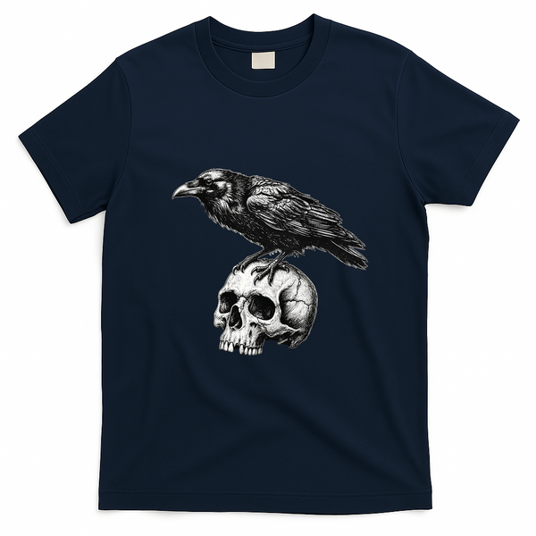 Crow On Skull Vintage Halloween Skeleton T-Shirt - Navy Blue