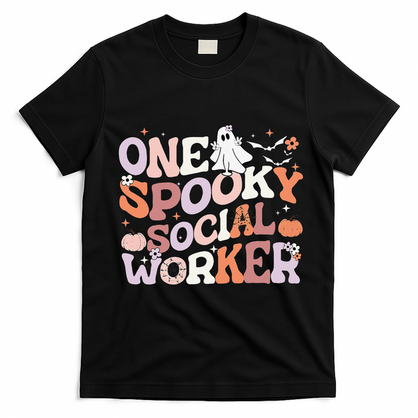 Cute One Spooky Social Worker Ghost Halloween T-Shirt - Black