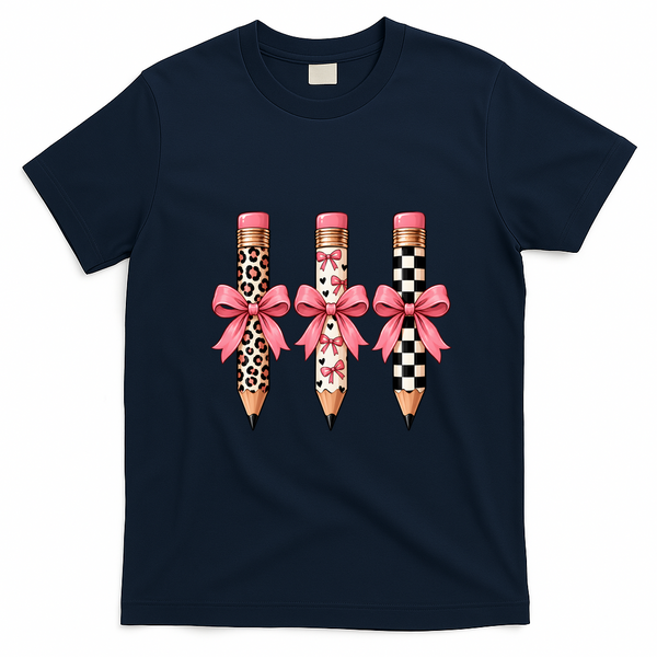 Cute Pink Bow Pencil Students Teachers Back To School T-Shirt - Navy Blue