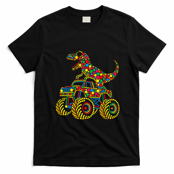 Colorful Polka Dot Dinosaur Riding Monster Truck T-Shirt - Black