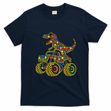 Colorful Polka Dot Dinosaur Riding Monster Truck T-Shirt - Navy Blue