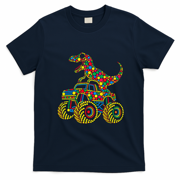 Colorful Polka Dot Dinosaur Riding Monster Truck T-Shirt - Navy Blue