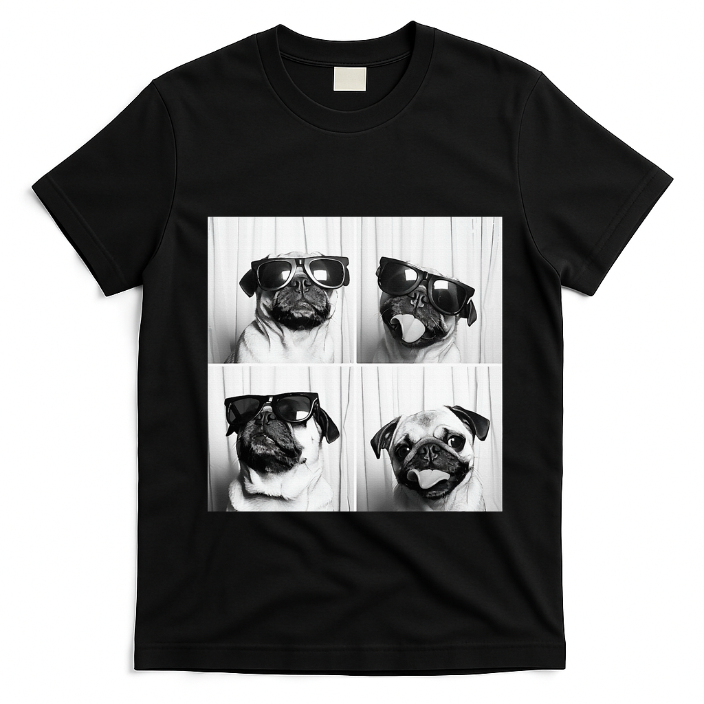 Cute Pug Face Pet Photobooth Cool Pug With Sunglasses T-Shirt - Black