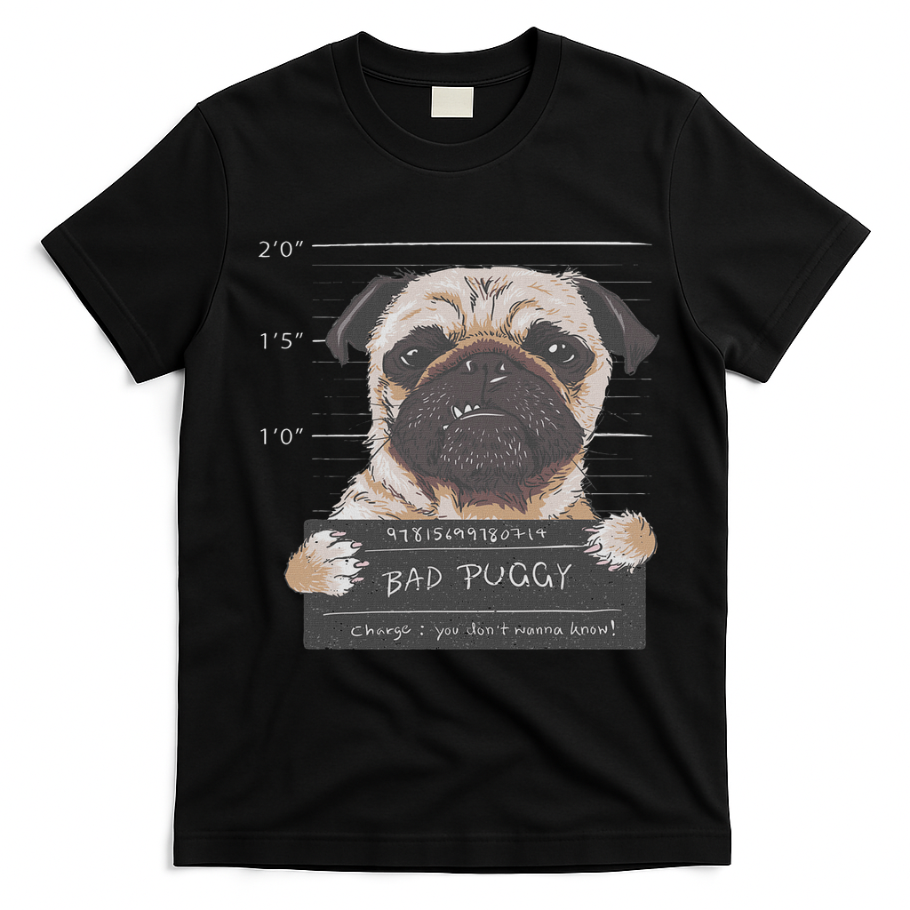 Cute Pug Mugshot Bad Puggy Puppy Humor Funny Dog T-Shirt - Black
