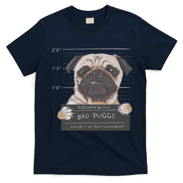 Cute Pug Mugshot Bad Puggy Puppy Humor Funny Dog T-Shirt - Navy Blue