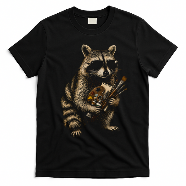 Cool Raccoon Artist with Palette and Brushes T-Shirt - Black