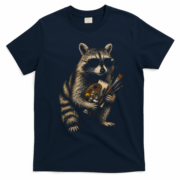 Cool Raccoon Artist with Palette and Brushes T-Shirt - Navy Blue