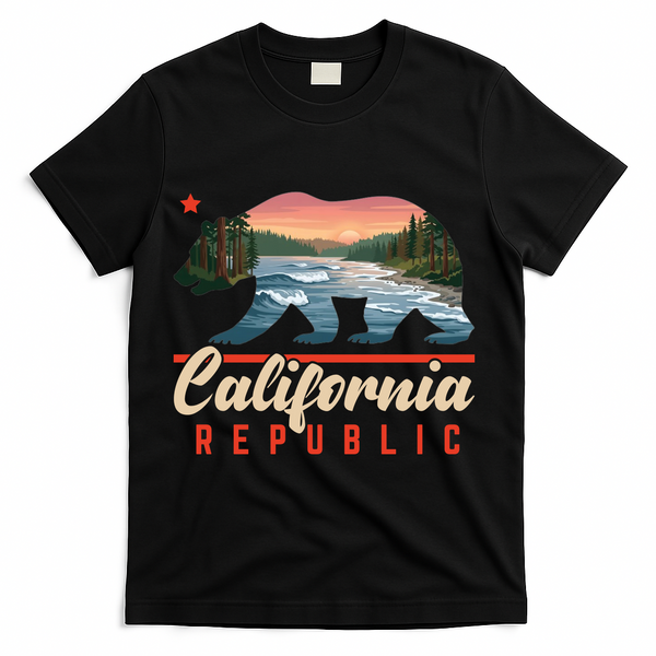 California Republic Bear Cali West Coast Beach Sunset T-Shirt - Black