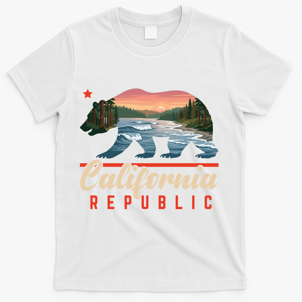 California Republic Bear Cali West Coast Beach Sunset T-Shirt - White