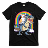Corgi Riding Dinosaur T Rex Space Galaxy Rainbow Gift T-Shirt - Black