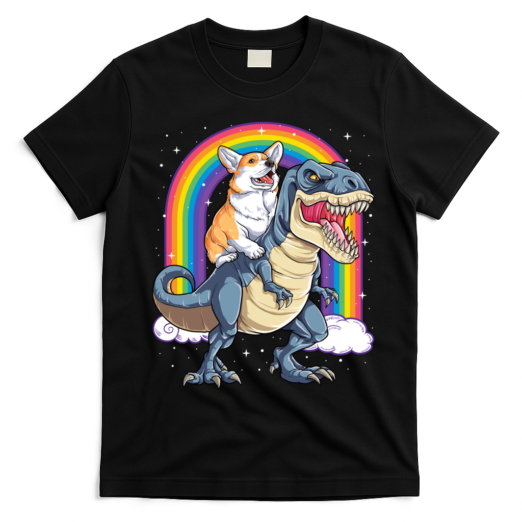Corgi Riding Dinosaur T Rex Space Galaxy Rainbow Gift T-Shirt - Black