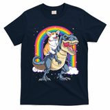 Corgi Riding Dinosaur T Rex Space Galaxy Rainbow Gift T-Shirt - Navy Blue