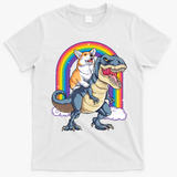 Corgi Riding Dinosaur T Rex Space Galaxy Rainbow Gift T-Shirt - White