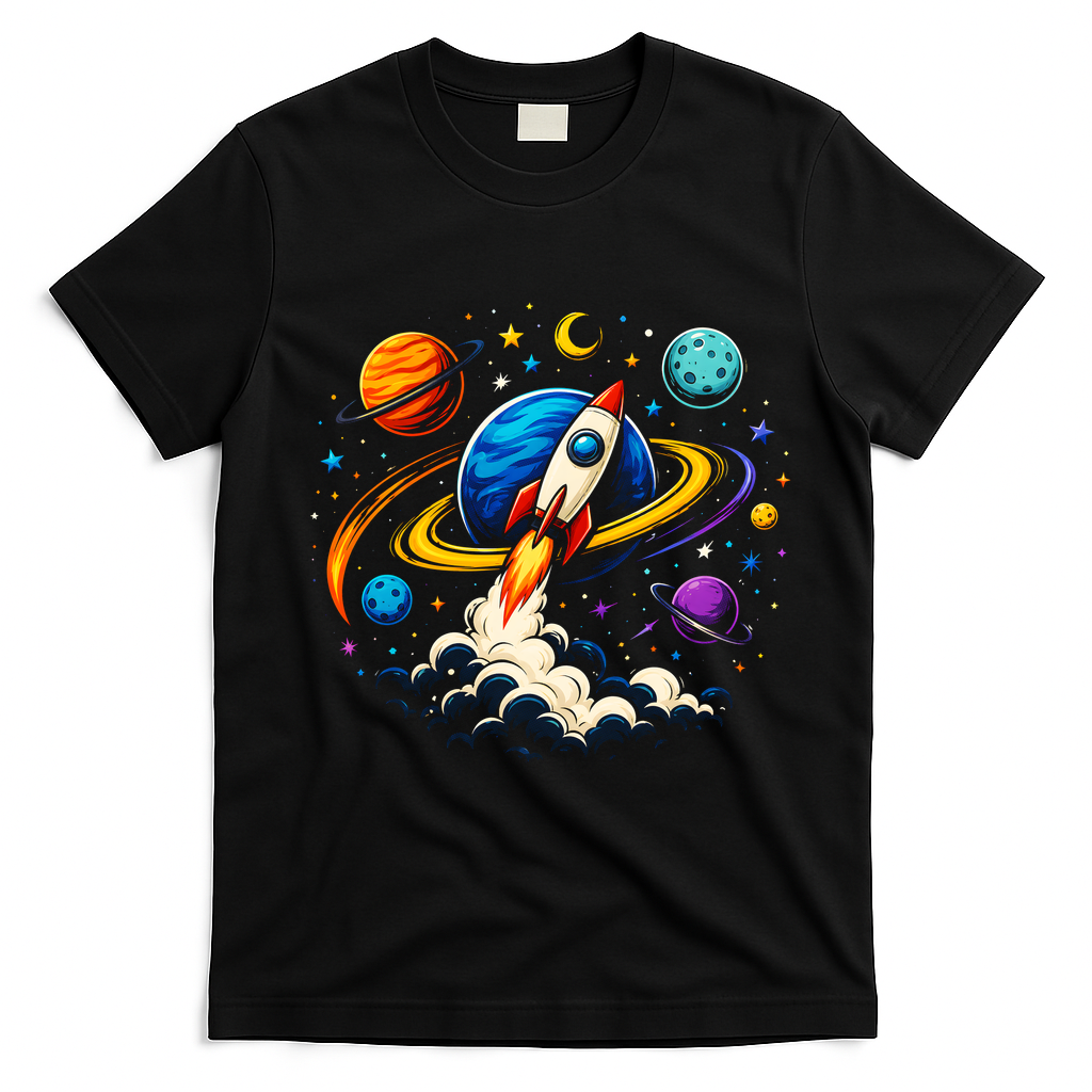 Cute Rocket Launching Into Space Adventure Gift T-Shirt - Black