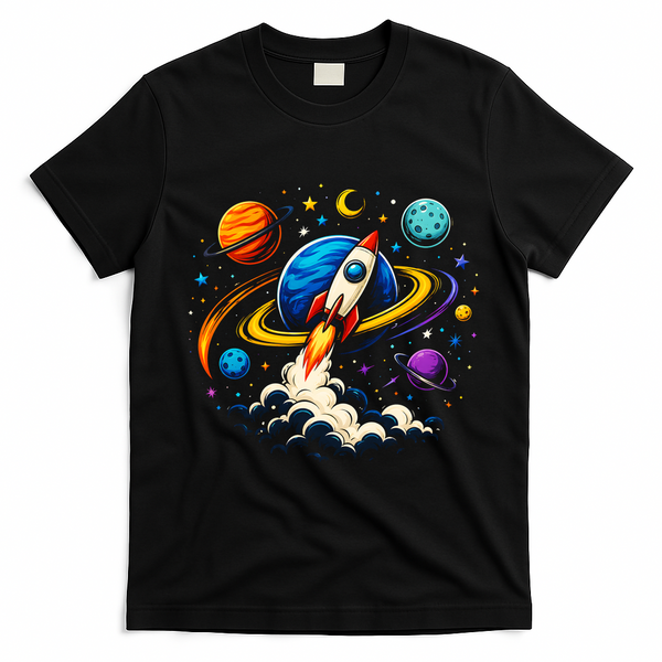 Cute Rocket Launching Into Space Adventure Gift T-Shirt - Black