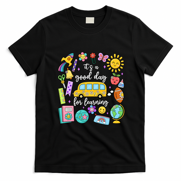 Cute School Bus Cartoon Illustration for Kids and Teachers T-Shirt - Black