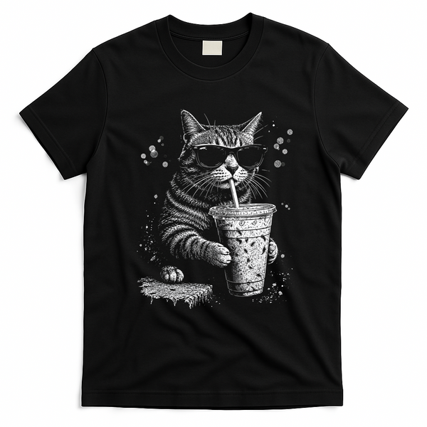 Cool Cat Sipping Drink With Sunglasses Graphic T-Shirt - Black