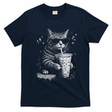 Cool Cat Sipping Drink With Sunglasses Graphic T-Shirt - Navy Blue