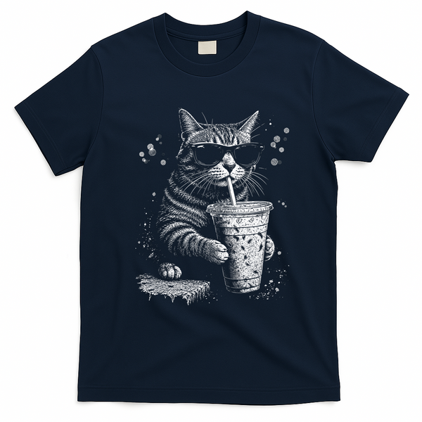 Cool Cat Sipping Drink With Sunglasses Graphic T-Shirt - Navy Blue