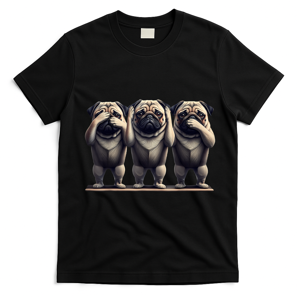 Cute See No Evil Hear No Evil Speak No Evil Three Pug T-Shirt - Black