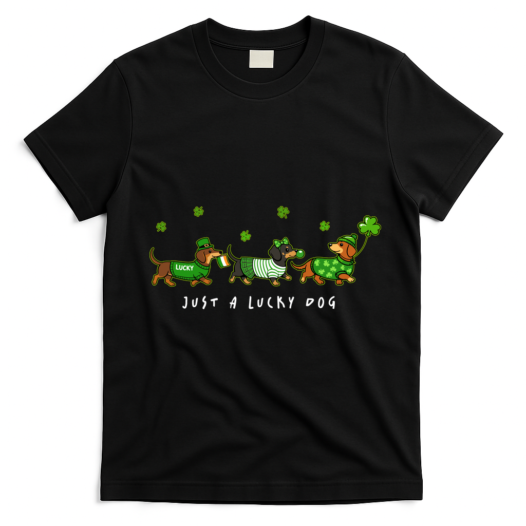 Cute St Patrick's Day Just A Lucky Dog Dachshunds T-Shirt - Black