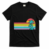Colorful Sunset Stripe Palm Tree Summer Beach T-Shirt - Black
