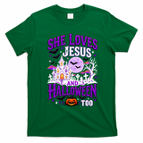 Christian Spooky Season She Loves Jesus And Halloween Too T-Shirt - Irish Green