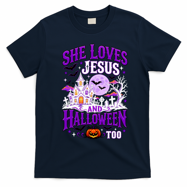 Christian Spooky Season She Loves Jesus And Halloween Too T-Shirt - Navy Blue