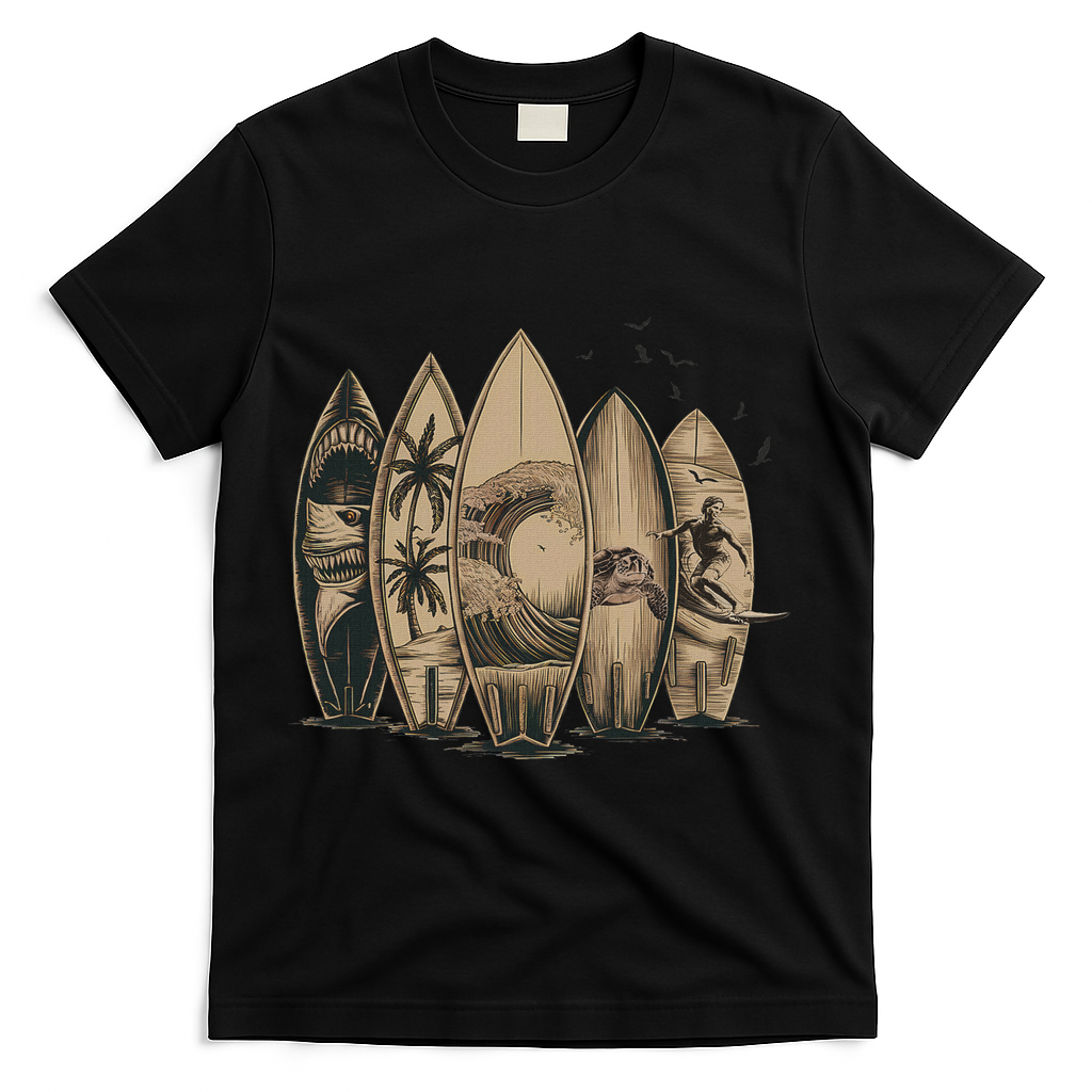 Cool Surfing Tropical Surfboards Vintage Surfboarder Surfer T-Shirt - Black