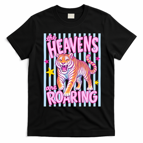 Colorful Tiger Heavens Roaring Quote Retro T-Shirt - Black