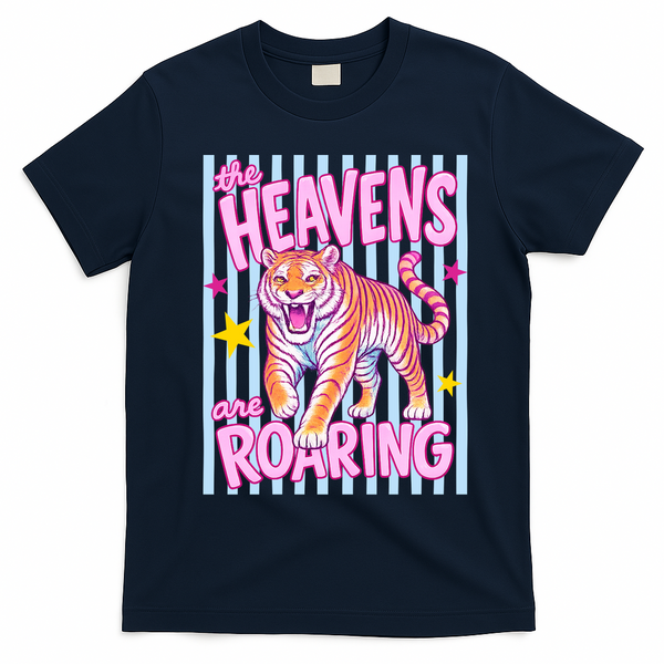 Colorful Tiger Heavens Roaring Quote Retro T-Shirt - Navy Blue