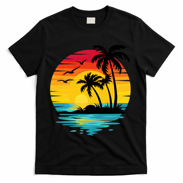 Coastal Tropical Sunset Beach T-Shirt - Black