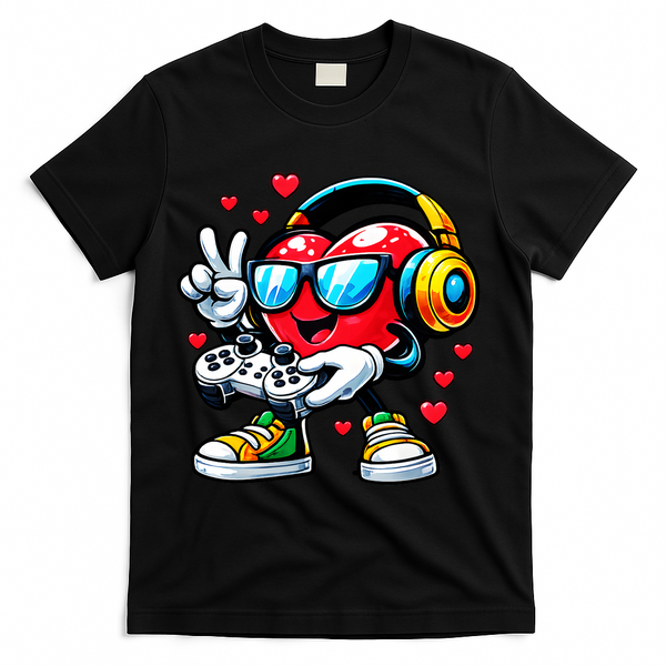 Cool Valentine's Day Gamer Heart Love Gaming T-Shirt - Black