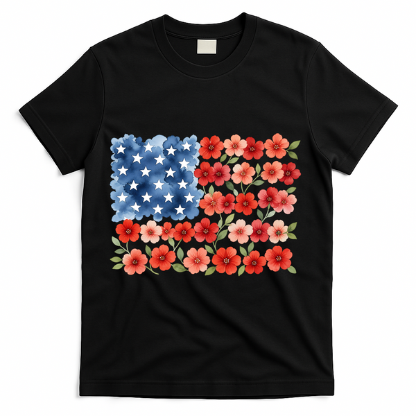 Cute Watercolor Floral Flower Patriotic USA American Flag T-Shirt - Black