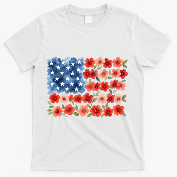 Cute Watercolor Floral Flower Patriotic USA American Flag T-Shirt - White