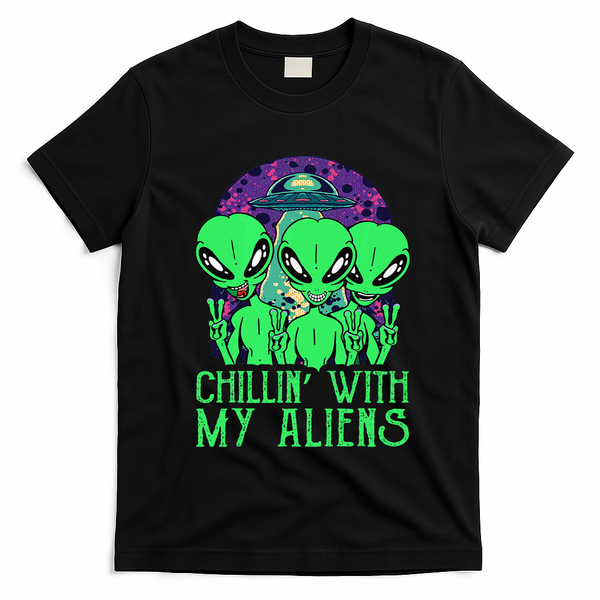 Chillin With My Aliens Group Halloween T-Shirt - Black
