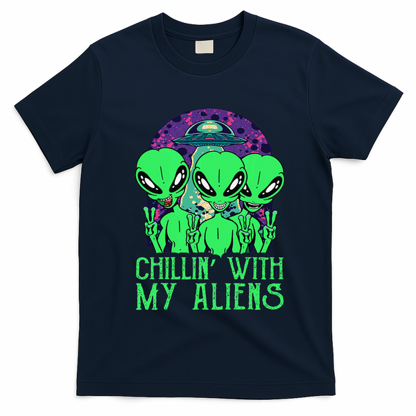 Chillin With My Aliens Group Halloween T-Shirt - Navy Blue