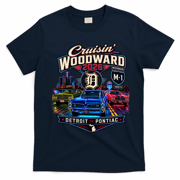 Cruisin’ Woodward Neon 2026 Detroit To Pontiac T-Shirt - Navy Blue