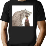 Cat Opening Beer Bottle Meme Black T-Shirt - Black