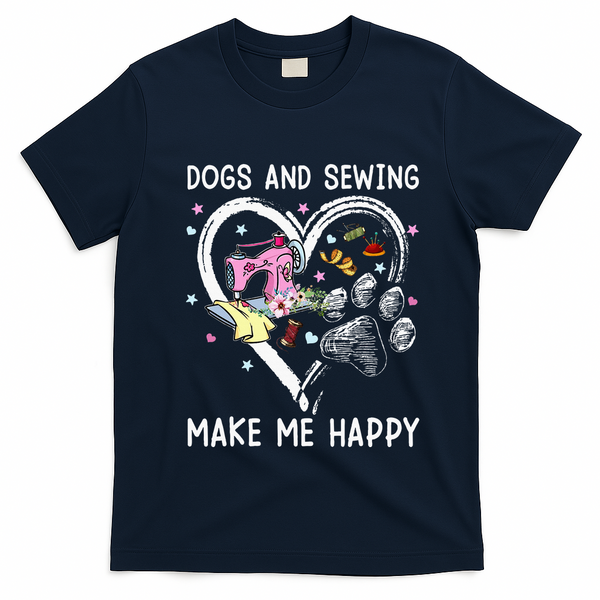 Dogs And Sewing Make Me Happy Funny Dogs And Sewing T-Shirt - Navy Blue