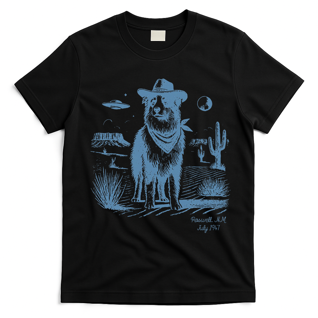 Dog Australian Shepherd Aussie Vintage Ufo Western Cowboy T-Shirt - Black