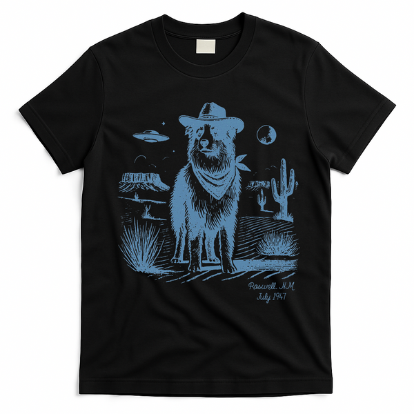 Dog Australian Shepherd Aussie Vintage Ufo Western Cowboy T-Shirt - Black