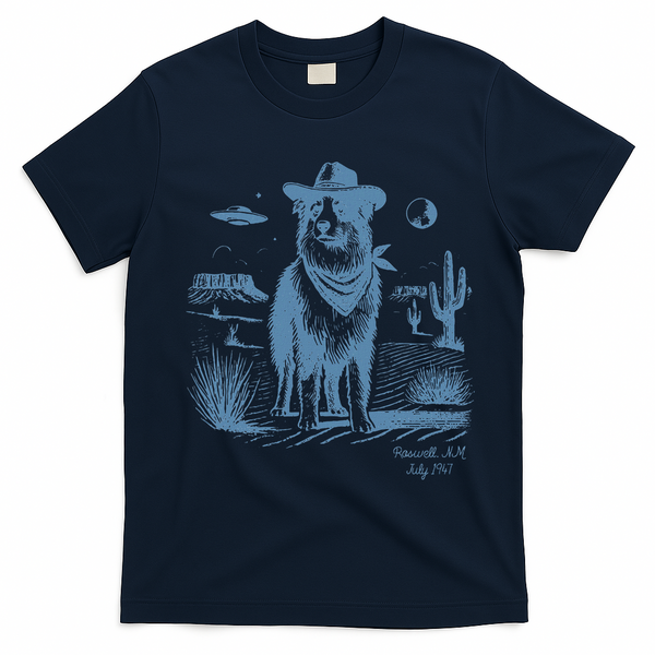 Dog Australian Shepherd Aussie Vintage Ufo Western Cowboy T-Shirt - Navy Blue