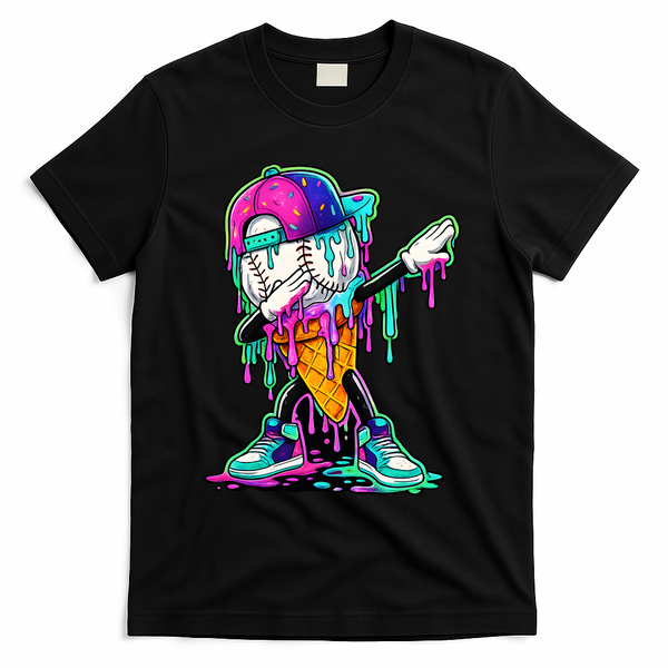 Dripping Baseball Ice Cream Drip Cone T-Shirt - Black