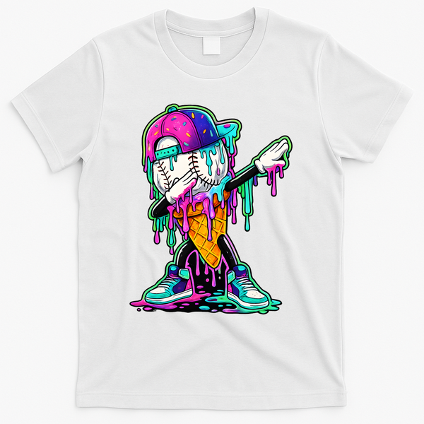 Dripping Baseball Ice Cream Drip Cone T-Shirt - White