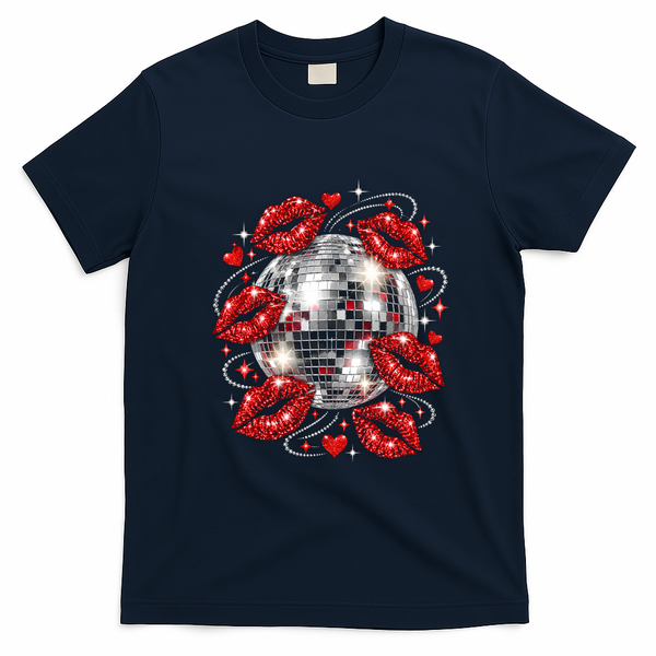 Disco Ball Kissing Lips 80s Retro Party T-Shirt - Navy Blue